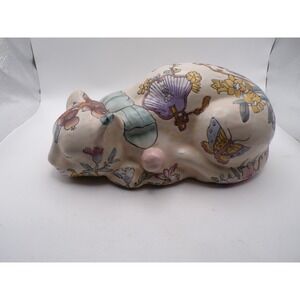 Sleeping Cat Figurine SPI Accents Collection‎ Floral Bird Butterfly Hand Painted